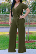 グラスグリーンファッションソリッドパッチワークVネックストレートジャンプスーツ