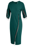Зеленое модное повседневное платье в стиле пэчворк с кисточками и круглым вырезом неправильной формы