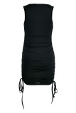 ブラック カジュアル ソリッド パッチワーク 小帯 フォールド O ネック ペンシル スカート ドレス