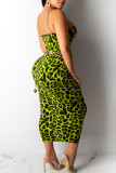 Fluorescent Green Sexy Print Leopard Patchwork Spaghetti Strap One Step Skirt Dresses(Without Belt)