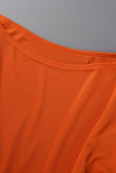 オレンジファッションカジュアルソリッドパッチワーク非対称Oネック半袖ドレス