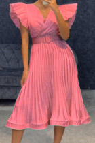 ピンク カジュアル ソリッド パッチワーク フォールド V ネック ストレート ドレス