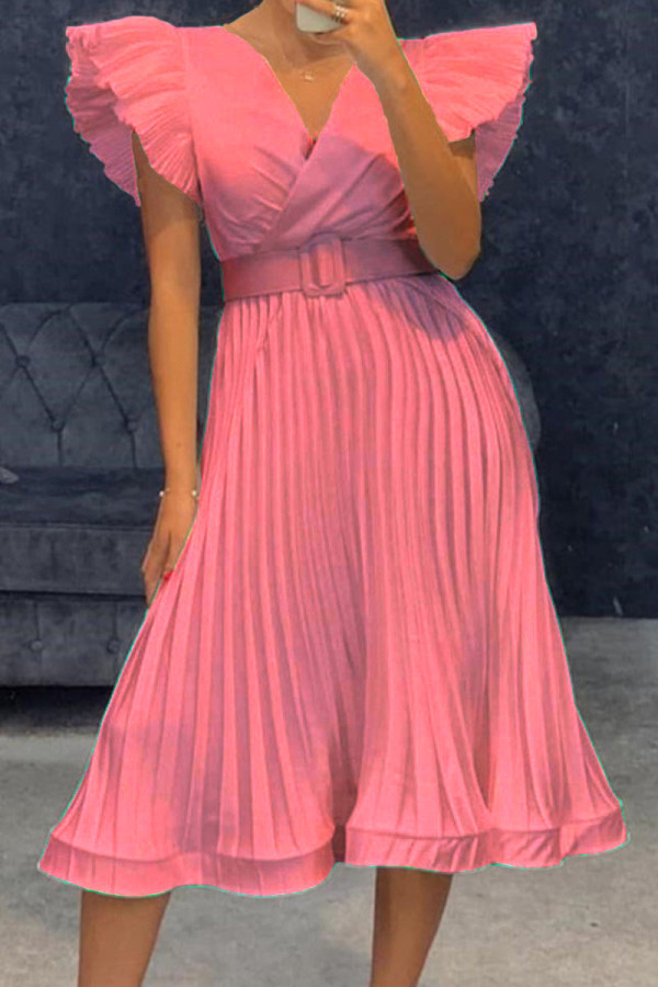 ピンク カジュアル ソリッド パッチワーク フォールド V ネック ストレート ドレス