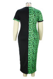 Vestido verde moda casual plus size estampa leopardo patchwork gola redonda manga curta