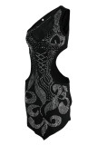 Черное сексуальное лоскутное горячее сверление с открытой спиной на одно плечо Нерегулярные платья Платья