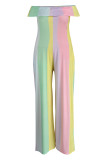 Color Fashion Casual Striped Print Backless Off The épaule Plus Size Jumpsuits