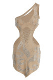 Aprikos Sexig Patchwork Hot Drilling Urholkad rygglös en axel oregelbunden klänning