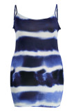 ブルーファッションセクシープラスサイズプリントタイダイバックレススパゲッティストラップノースリーブドレス