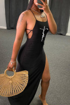 Black Fashion Sexy Print Backless Cross Straps Slit Spaghetti Strap Sleeveless Dress