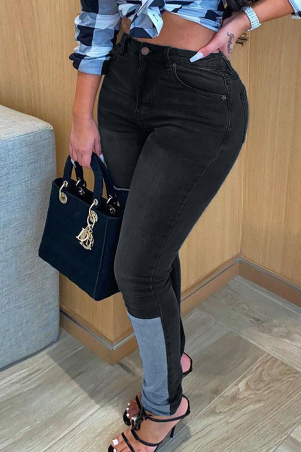 Черные повседневные однотонные джинсы с высокой талией в технике пэчворк