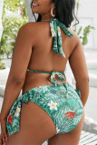 Зеленый модный сексуальный принт с повязкой на спине и бретельками плюс размер купальники (с прокладками)