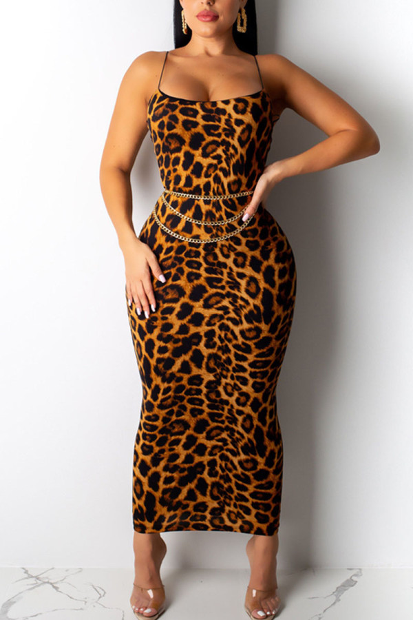 Vestidos de falda de un paso con correa de espagueti de patchwork de leopardo con estampado sexy marrón (sin cinturón)