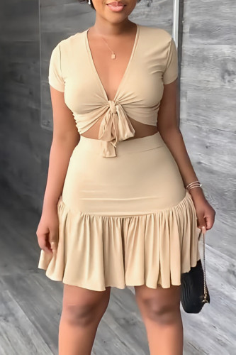 Apricot Sexy Solid Bandage Patchwork Fold V Neck Short Sleeve Two Pieces