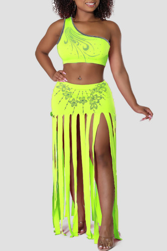 Fluorescent Green Sexy Solid Tassel Patchwork Hot Drill Oblique Collar Two Pieces