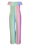 パープルファッションカジュアルストライププリントバックレスオフショルダープラスサイズジャンプスーツ