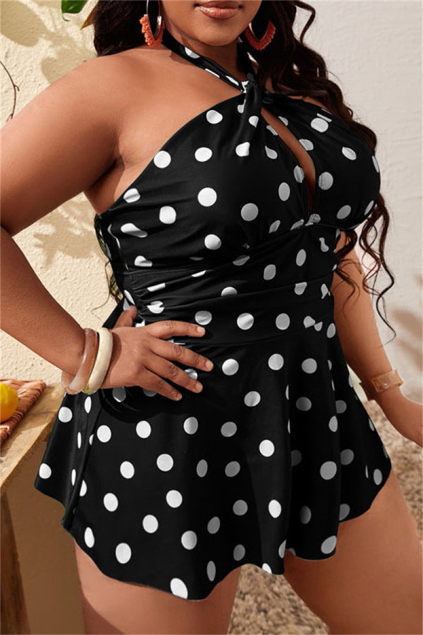 Black Fashion Sexy Dot Print Bandage Backless Plus size badmode (met vulling)