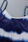 ブルーファッションセクシープラスサイズプリントタイダイバックレススパゲッティストラップノースリーブドレス