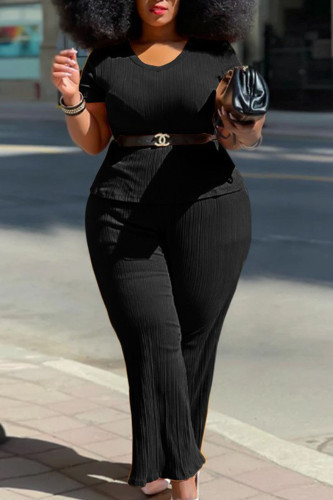 Black Casual Solid Patchwork O Neck Plus Size Two Pieces(Without Belt)
