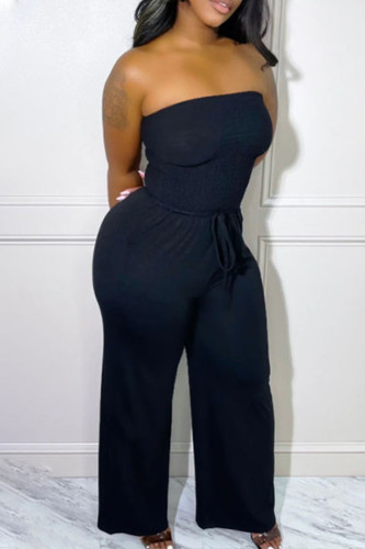 Black Sexy Solid Patchwork Fold Strapless Straight Jumpsuits