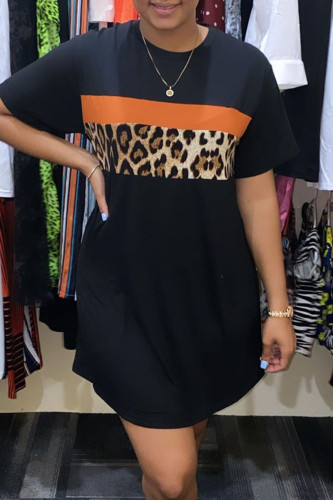 Black Casual Print Patchwork O Neck Straight Dresses