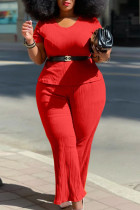 Red Casual Solid Patchwork O Neck Plus Size Two Pieces (sans ceinture)