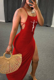 Vestido vermelho fashion sexy estampado sem costas com alças cruzadas e fenda espaguete sem mangas