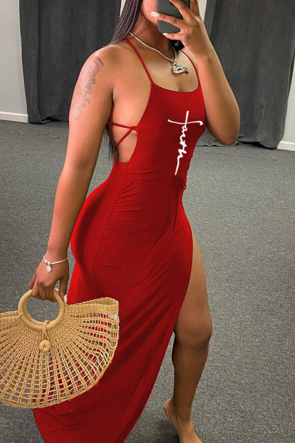 Röd Mode Sexig Print Backless Cross Straps Slit Spaghetti Strap Ärmlös klänning