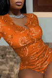 Combi-short skinny à col rond et patchwork à imprimé décontracté orange
