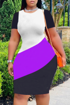 Púrpura moda rayas patchwork o cuello vestidos de talla grande