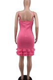 Pink Celebrities Solid Patchwork Flounce Spaghetti Strap Straight Dresses