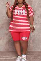 Red Fashion Casual Letter Striped Print Basic V Neck Plus Size Two Pieces