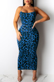 Vestidos de falda de un paso con correa de espagueti de retazos de leopardo con estampado sexy azul (sin cinturón)