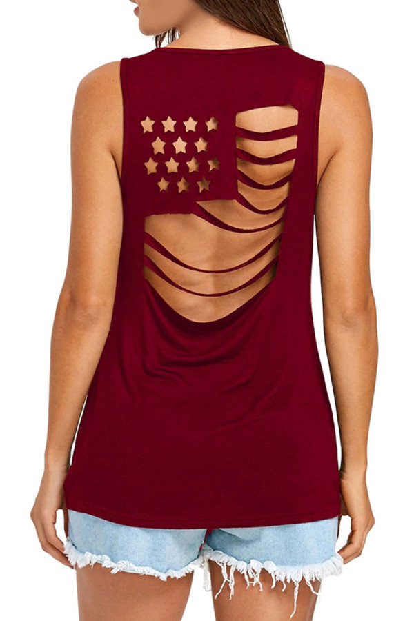 Burgundy Casual Sportswear Solid Hollow Out Patchwork Backless O-neck Toppar