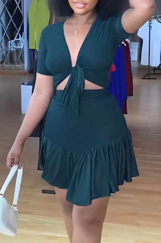 Cyan Sexy Solid Bandage Patchwork Fold V Neck Short Sleeve Two Pieces