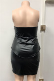 Black Fashion Sexy Solid Patchwork Backless Strapless Plus Size Two Pieces