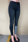 Jeans de mezclilla de cintura alta de patchwork sólido casual negro