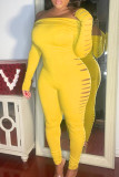Macacão skinny casual fashion amarelo sólido rasgado fora do ombro