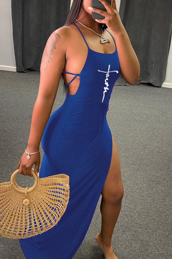 Vestido sin mangas con tiras cruzadas sin espalda con estampado sexy de moda azul