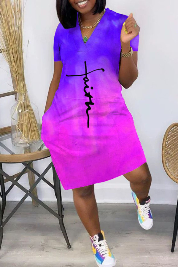 Purple Casual Print Patchwork V Neck Straight Dresses