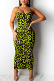 Vestidos de saia de um passo com estampa de leopardo patchwork verde fluorescente sexy (sem cinto)