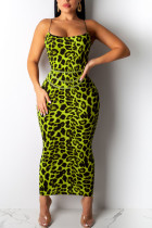 Fluorescent Green Sexy Print Leopard Patchwork Spaghetti Strap One Step Skirt Dresses(Without Belt)