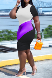 Пурпурные модные полосатые лоскутные платья с круглым вырезом большого размера