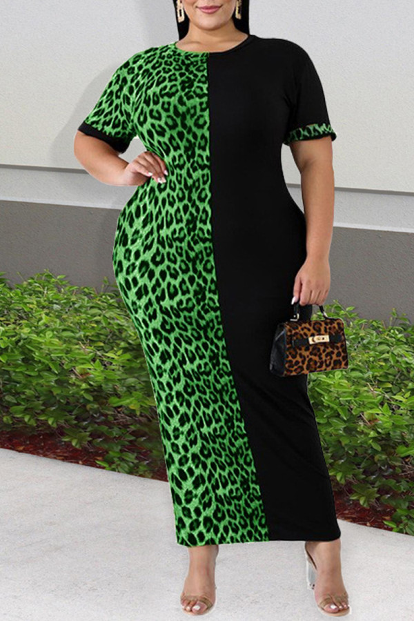 Vestido verde moda casual plus size estampa leopardo patchwork gola redonda manga curta