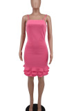 Pink Celebrities Solid Patchwork Flounce Spaghetti Strap Straight Dresses