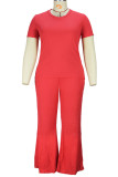 Red Casual Solid Patchwork O Neck Plus Size Two Pieces (sans ceinture)