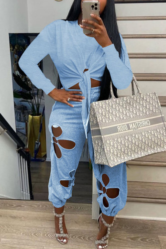 Sky Blue Casual Solid Bandage Hollowed Out Patchwork O Neck Long Sleeve Two Pieces