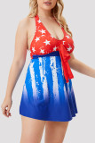 Red Blue Fashion Sexy Print Bandage Backless Halter Plus Size Swimwear (With Paddings)