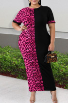Vestido de manga corta con cuello en O de patchwork de leopardo con estampado de talla grande informal de moda rosa roja