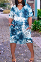 Blaues, weißes, modisches, lässiges, kurzärmliges Kleid mit Batikmuster und V-Ausschnitt