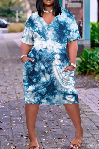 Blue White Fashion Casual Print Tie-dye V Neck Short Sleeve Dress